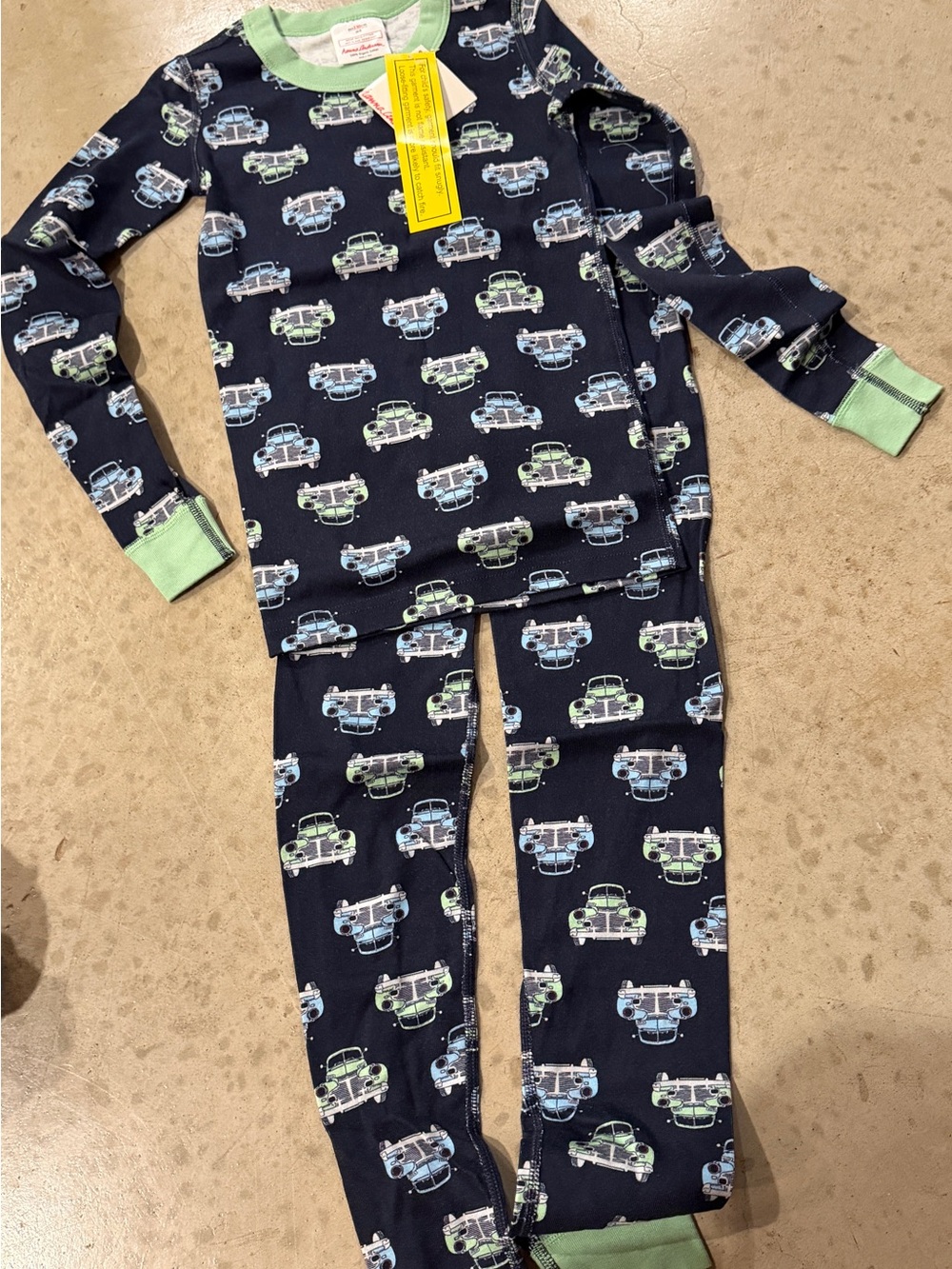 Kids Navy Car-Print Pajama Set with Green Trim